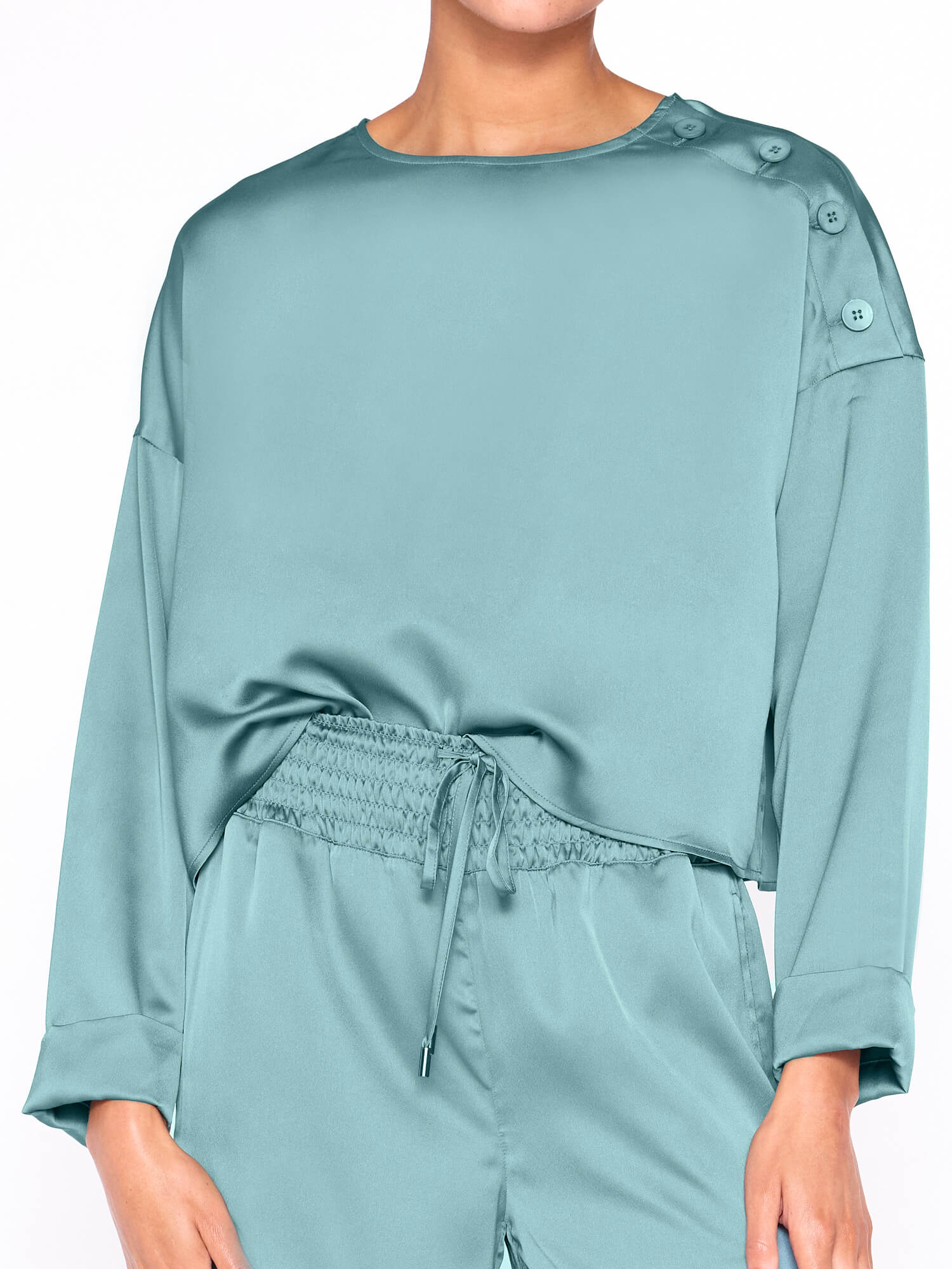 Dallas satin teal blue blouse front view 2