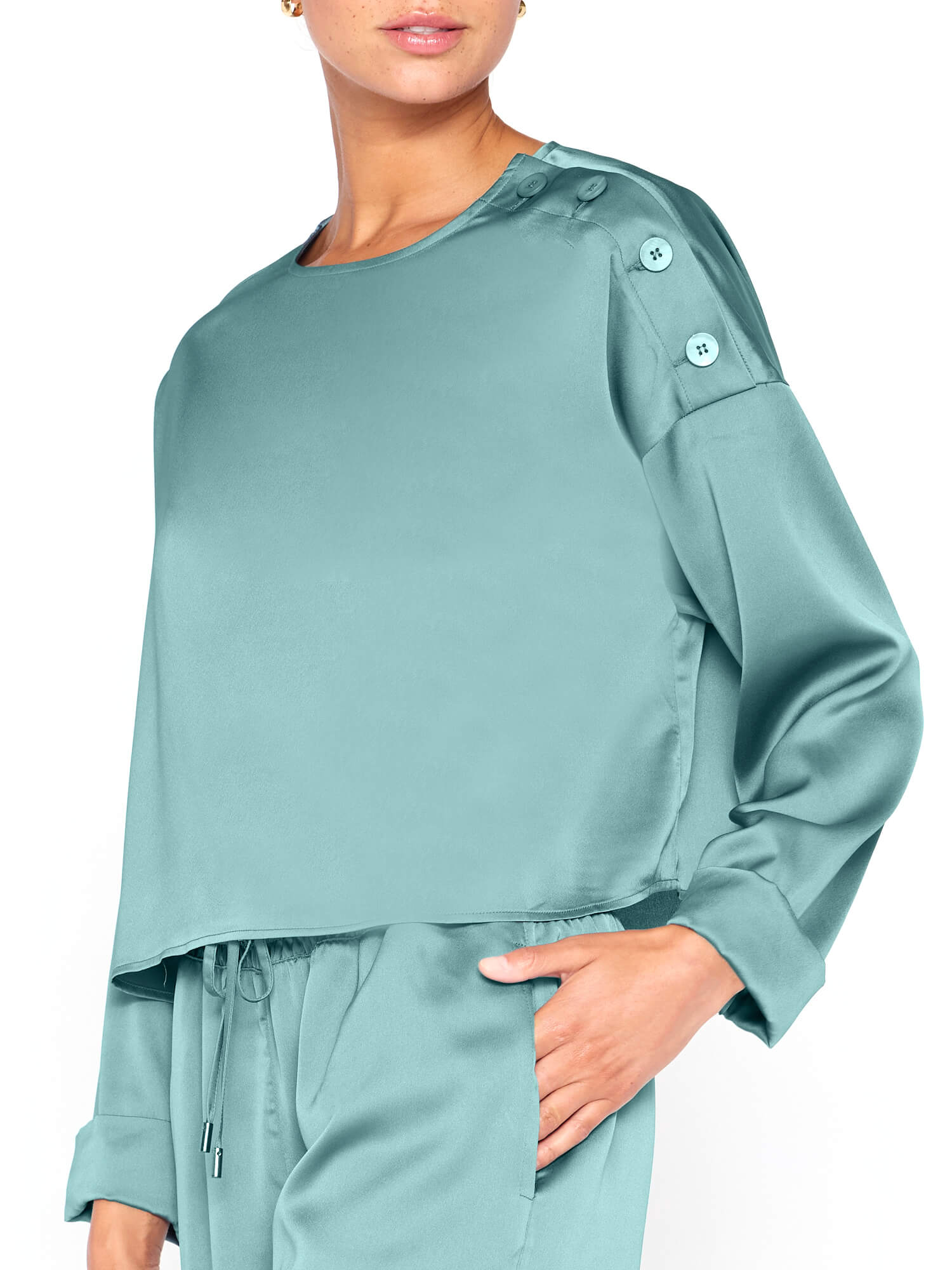 Dallas satin teal blue blouse side view