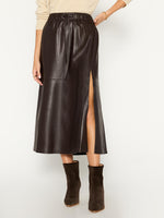 Danni brown vegan leather midi skirt front view