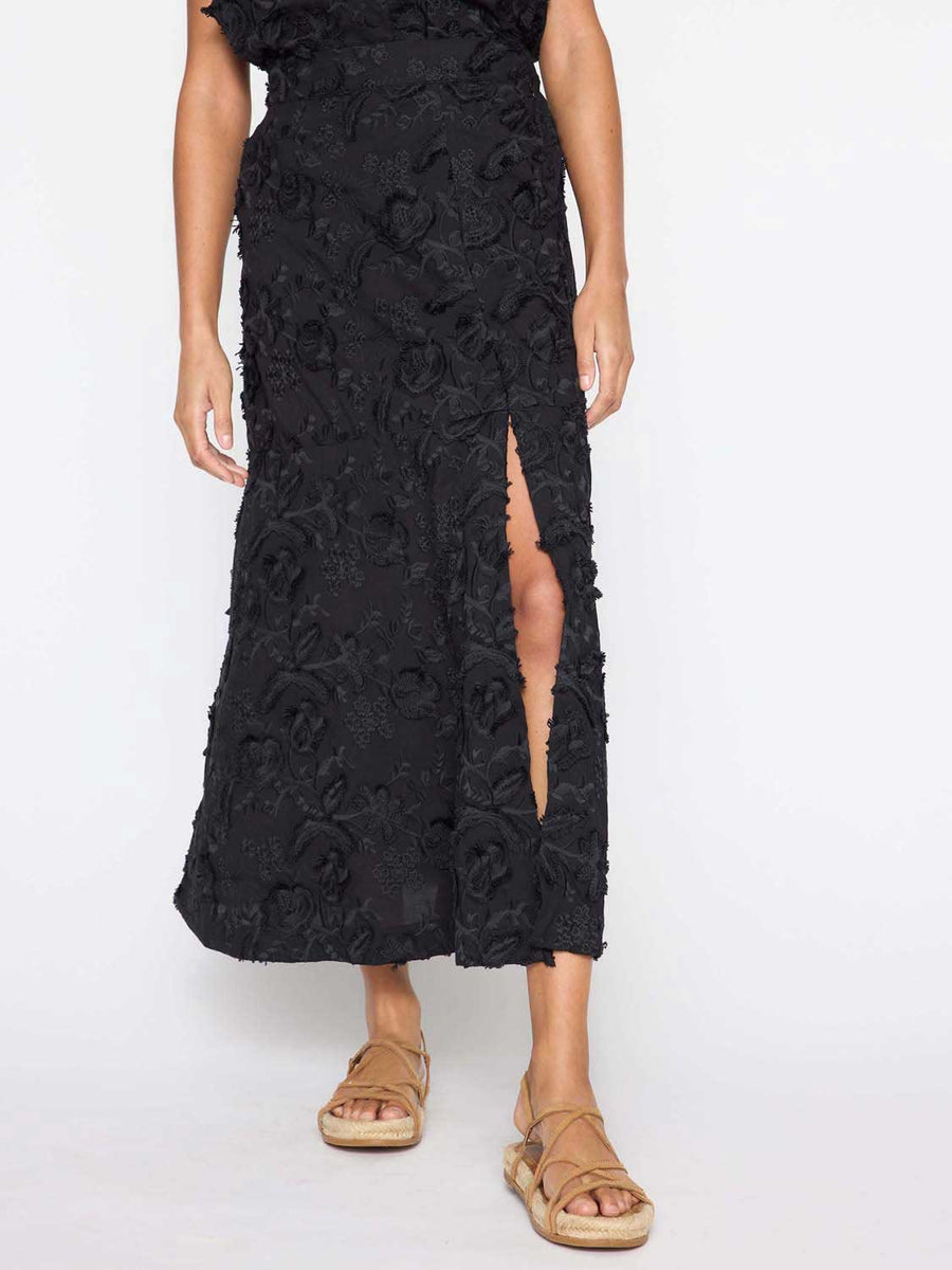 Danni black embroidered cotton midi skirt front view