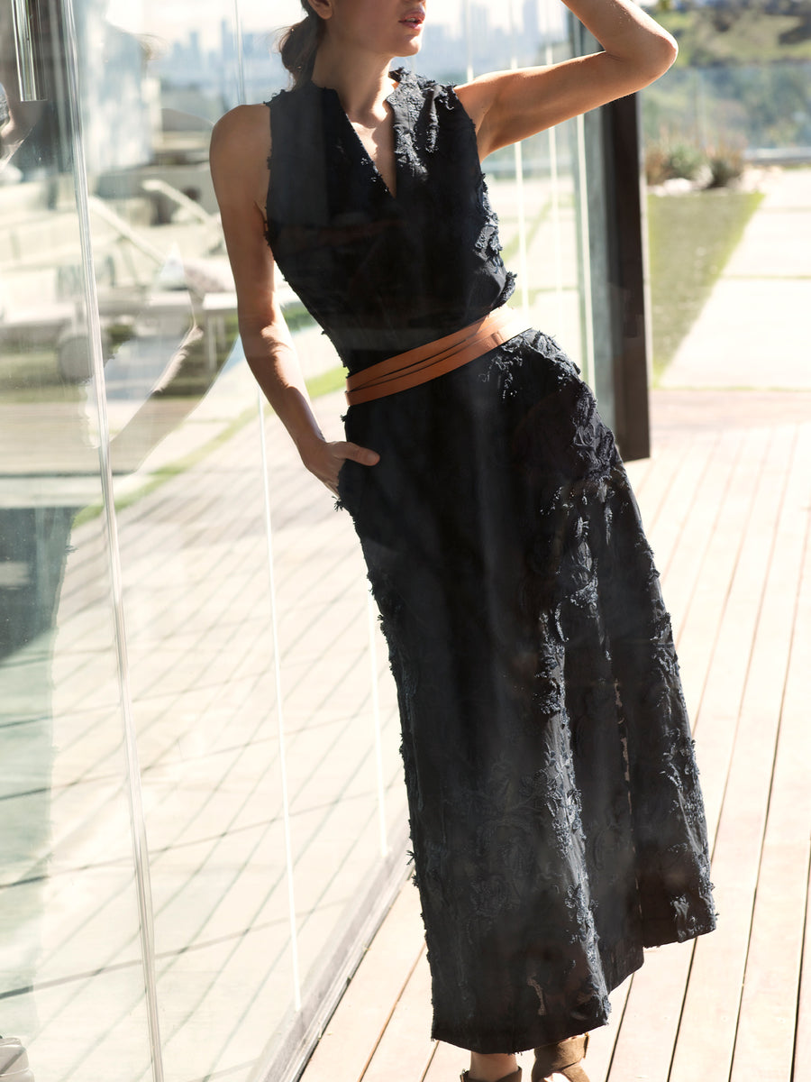 Danni black embroidered cotton midi skirt front view