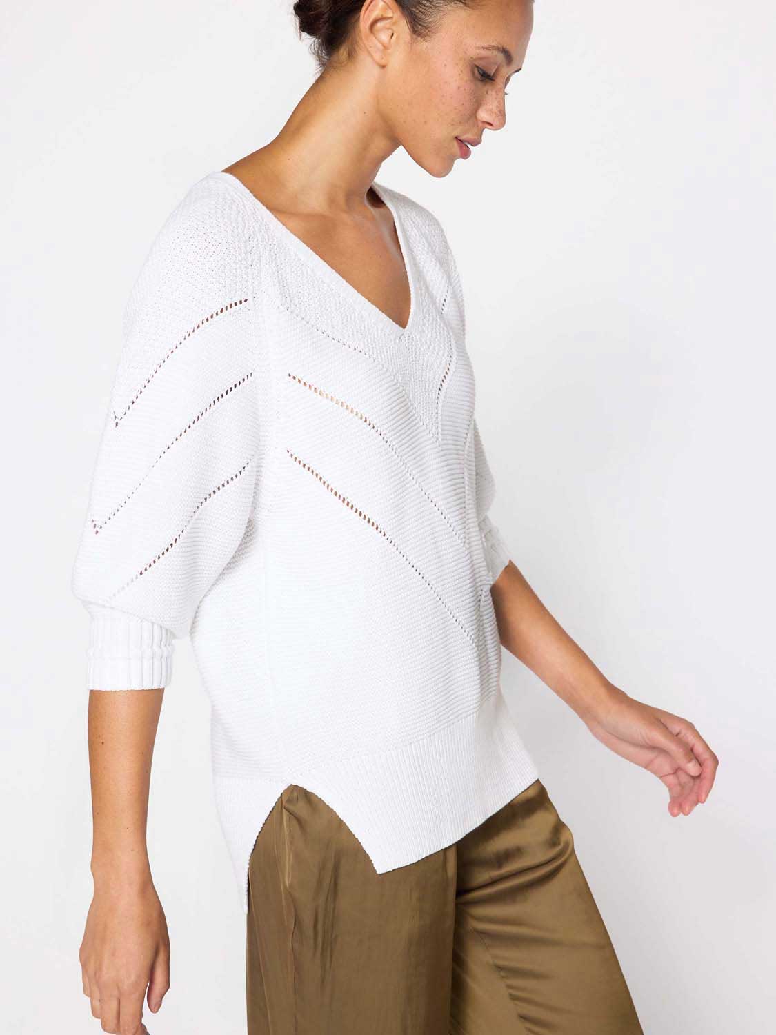 Decker organic cotton white v-neck chevron sweater side view 2