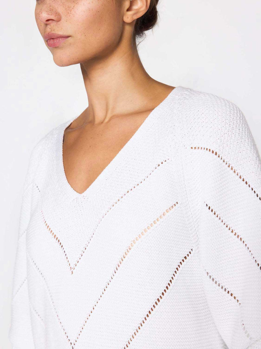 Decker organic cotton white v-neck chevron sweater close up