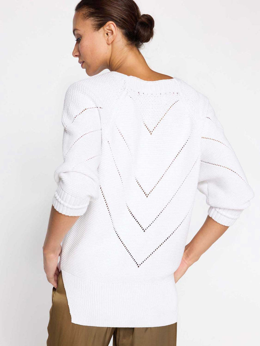 Decker organic cotton white v-neck chevron sweater back view