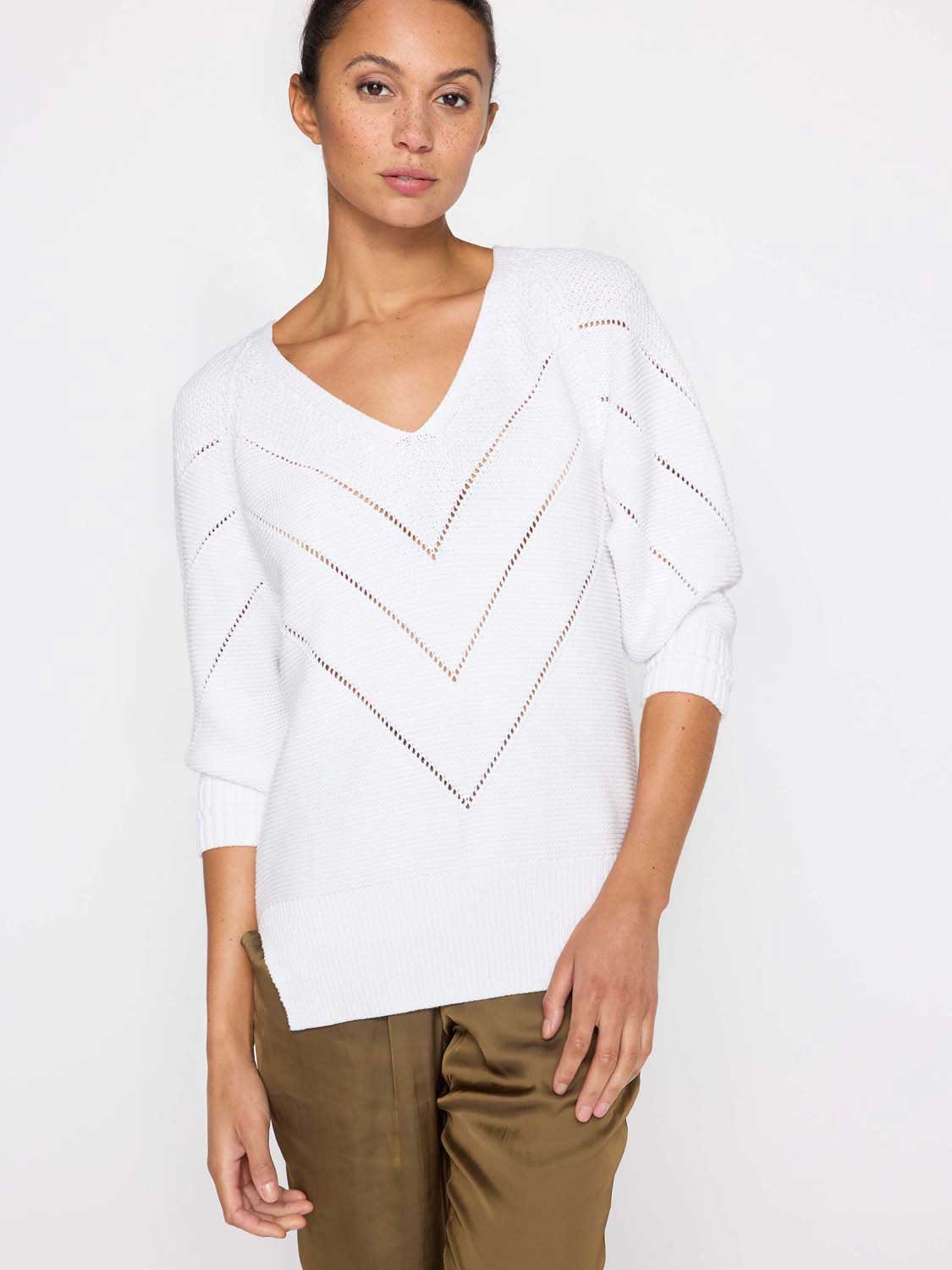 Decker organic cotton white v-neck chevron sweater front view