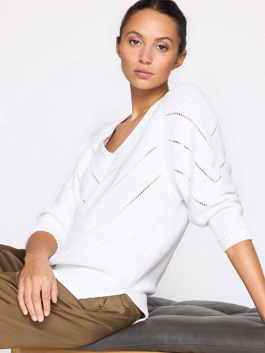 Decker organic cotton white v-neck chevron sweater side view