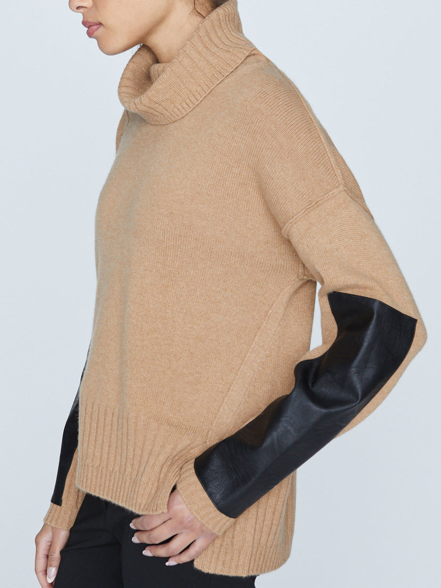 Yumi cashmere turtleneck tan sweater side view