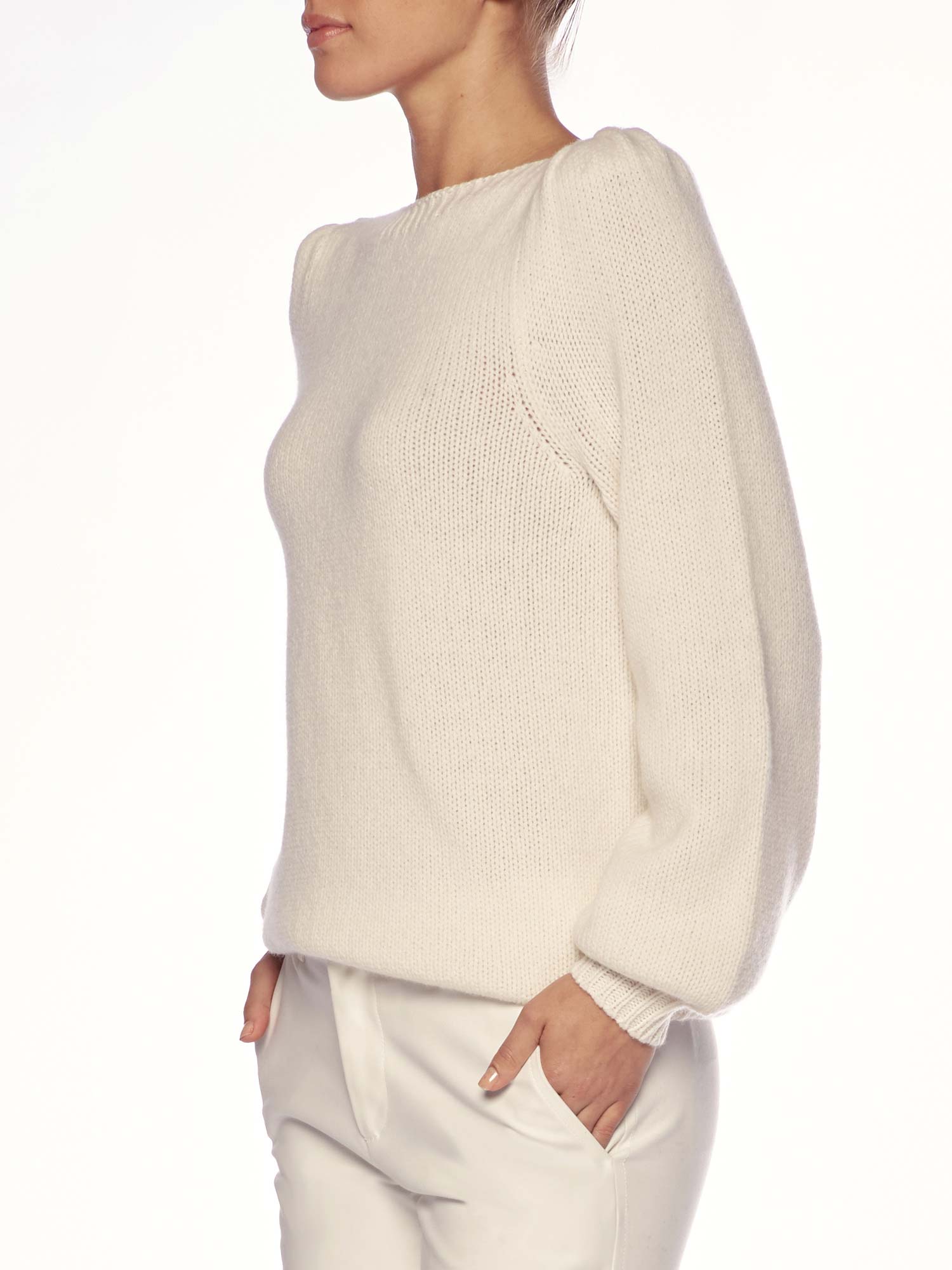 Delphi cashmere boatneck white sweater side view