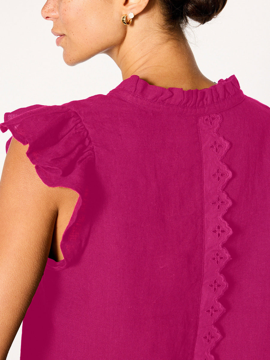 Devan pink sleeveless linen v-neck eyelet blouse close up