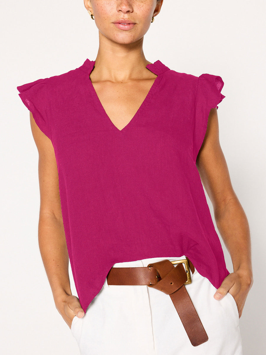 Devan pink sleeveless linen v-neck eyelet blouse front view
