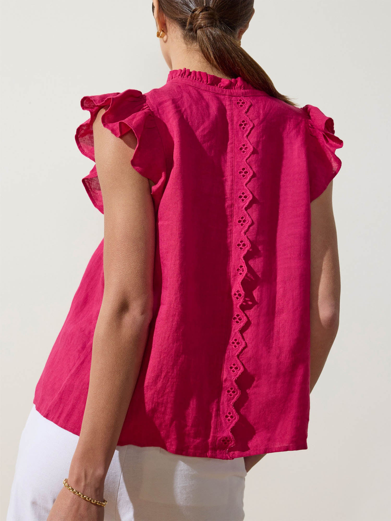 Devan pink sleeveless linen v-neck eyelet blouse back view