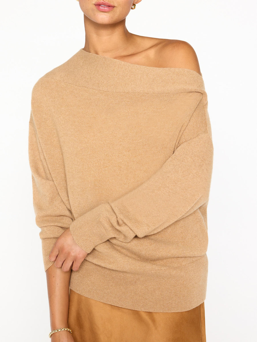 Dunne cashmere boatneck tan sweater front view 4