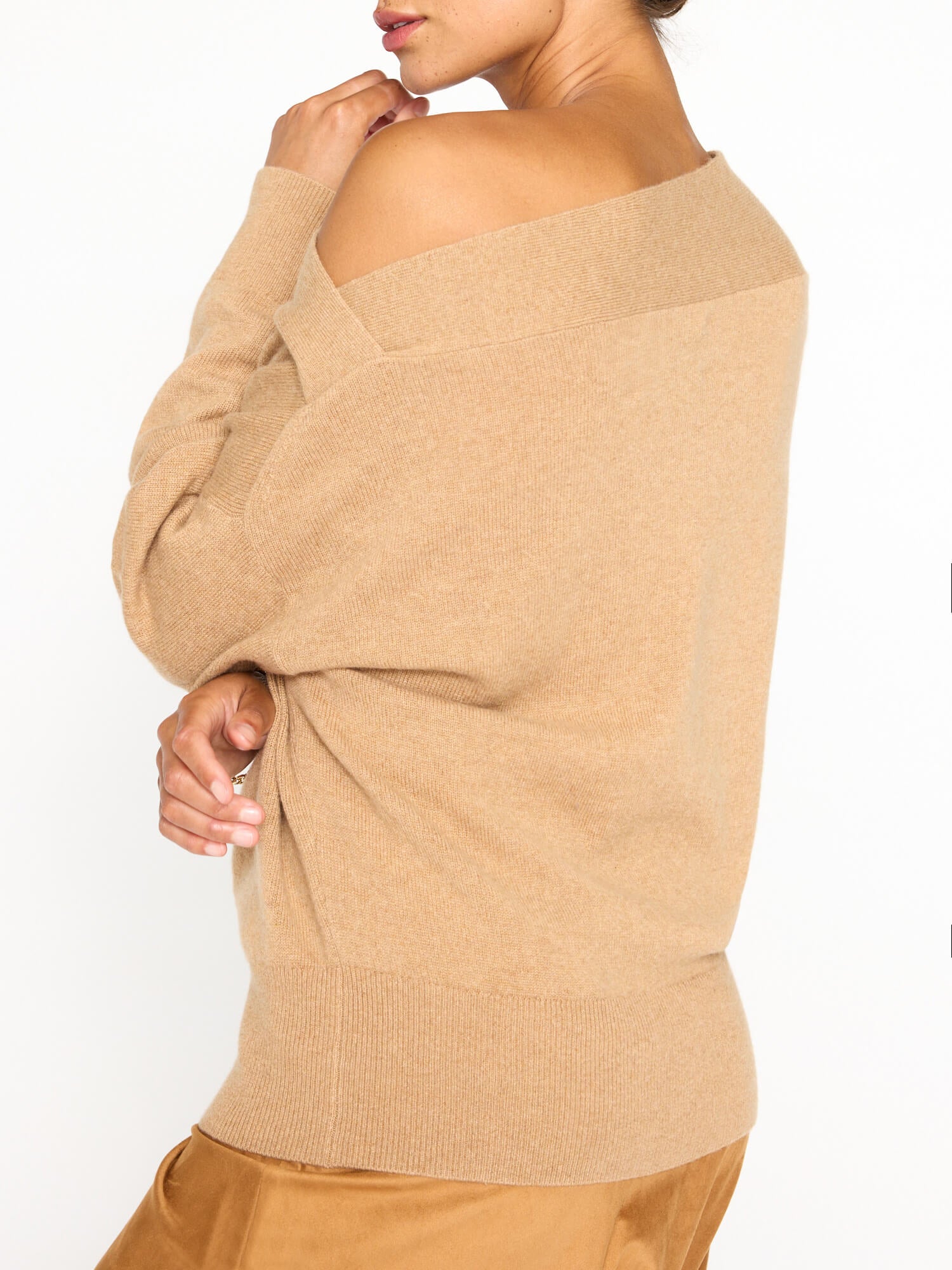 Dunne cashmere boatneck tan sweater back view