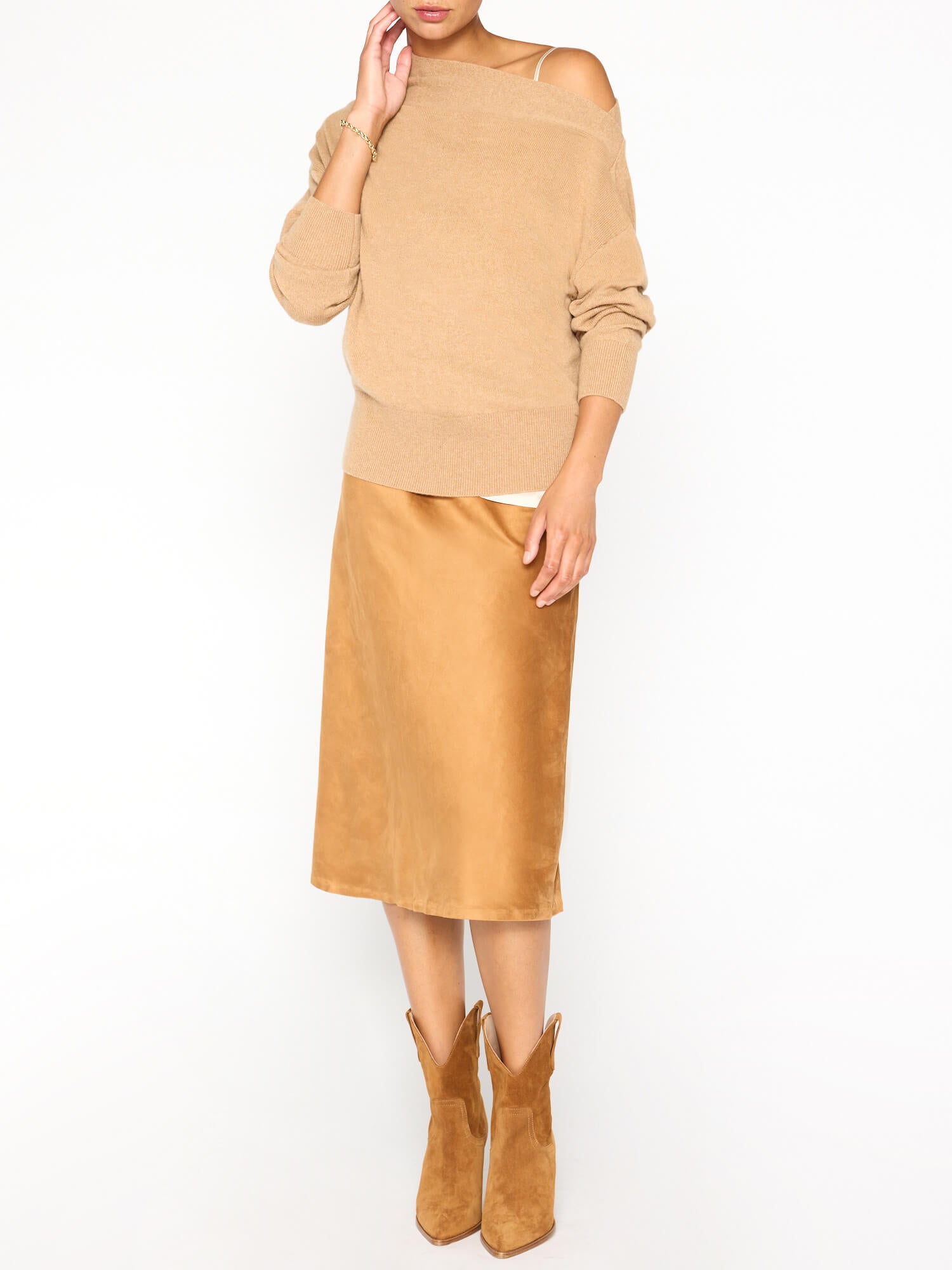 Dunne cashmere boatneck tan sweater full view