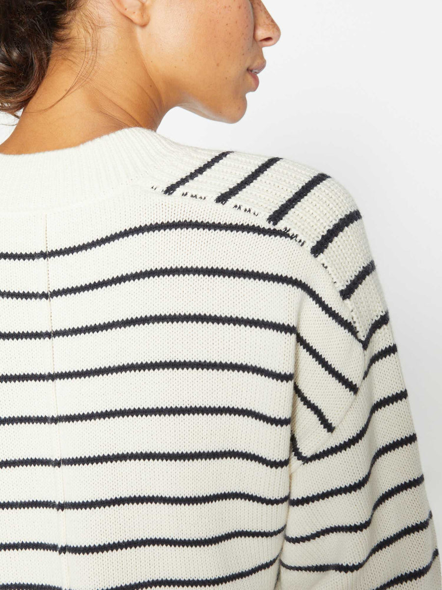 Eden neutral grey stripe layered crewneck sweater close up