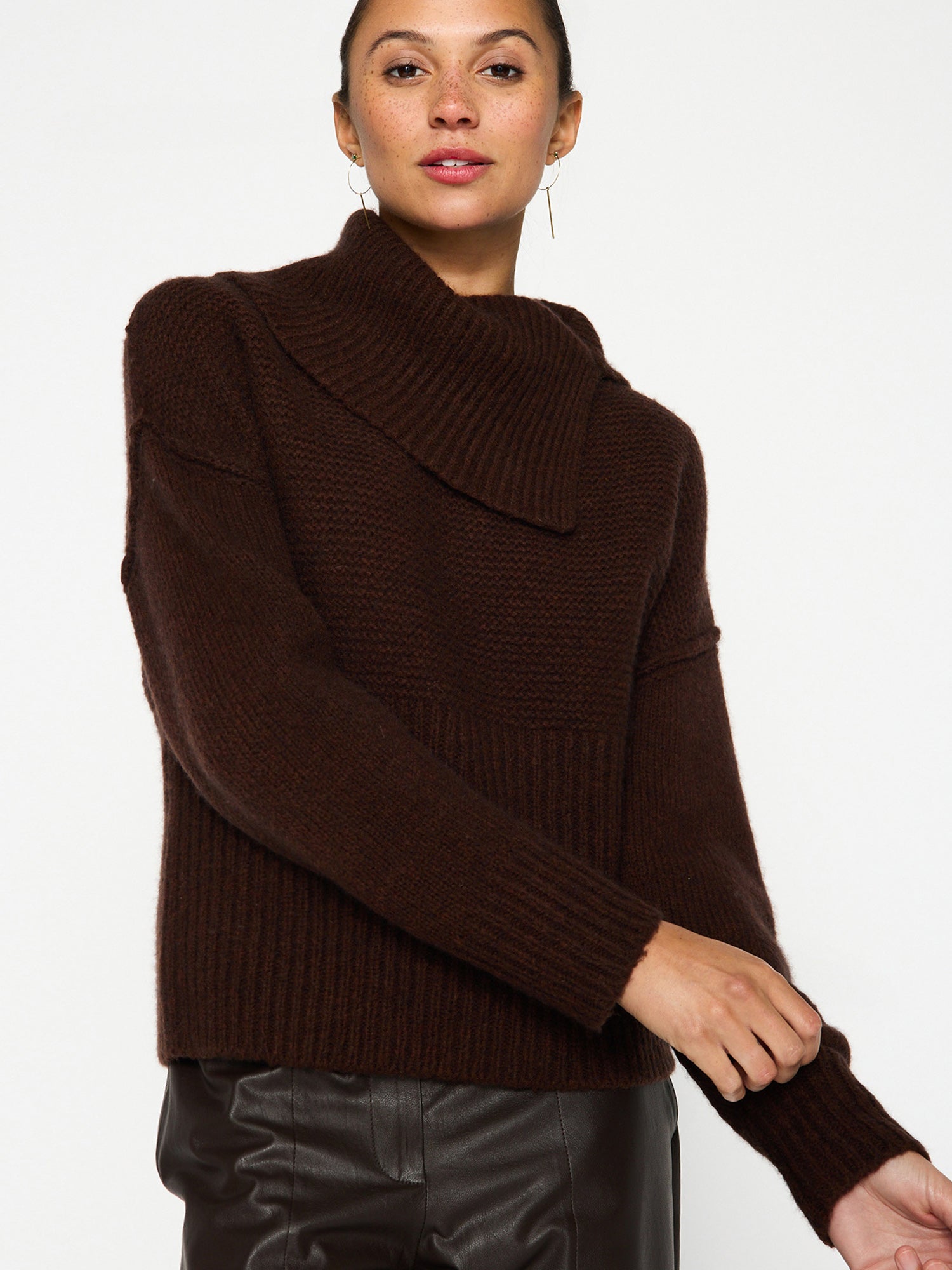 Elian overlap cowlneck wool cashmere brown sweater front view
