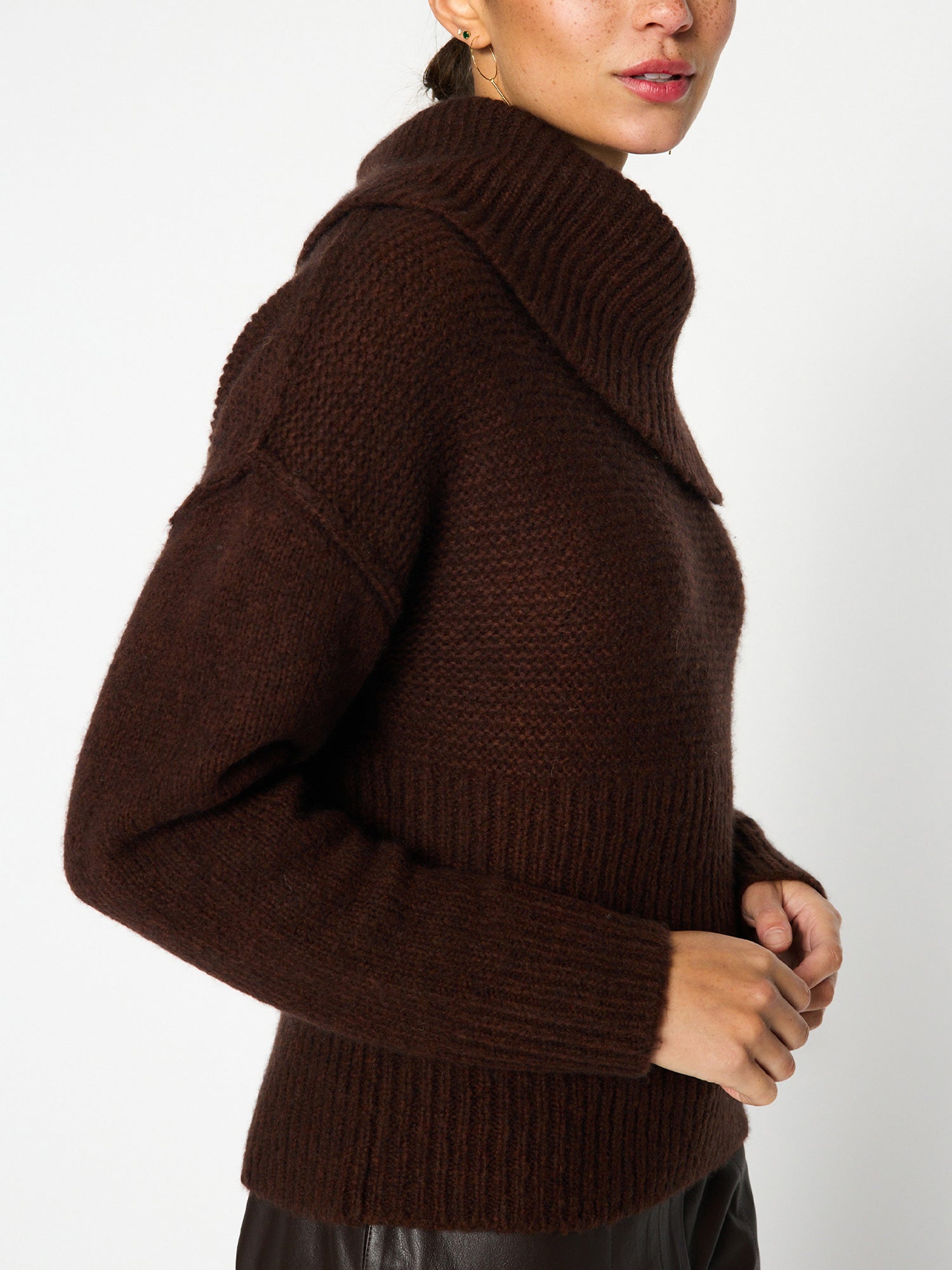 Elian overlap cowlneck wool cashmere brown sweater side view