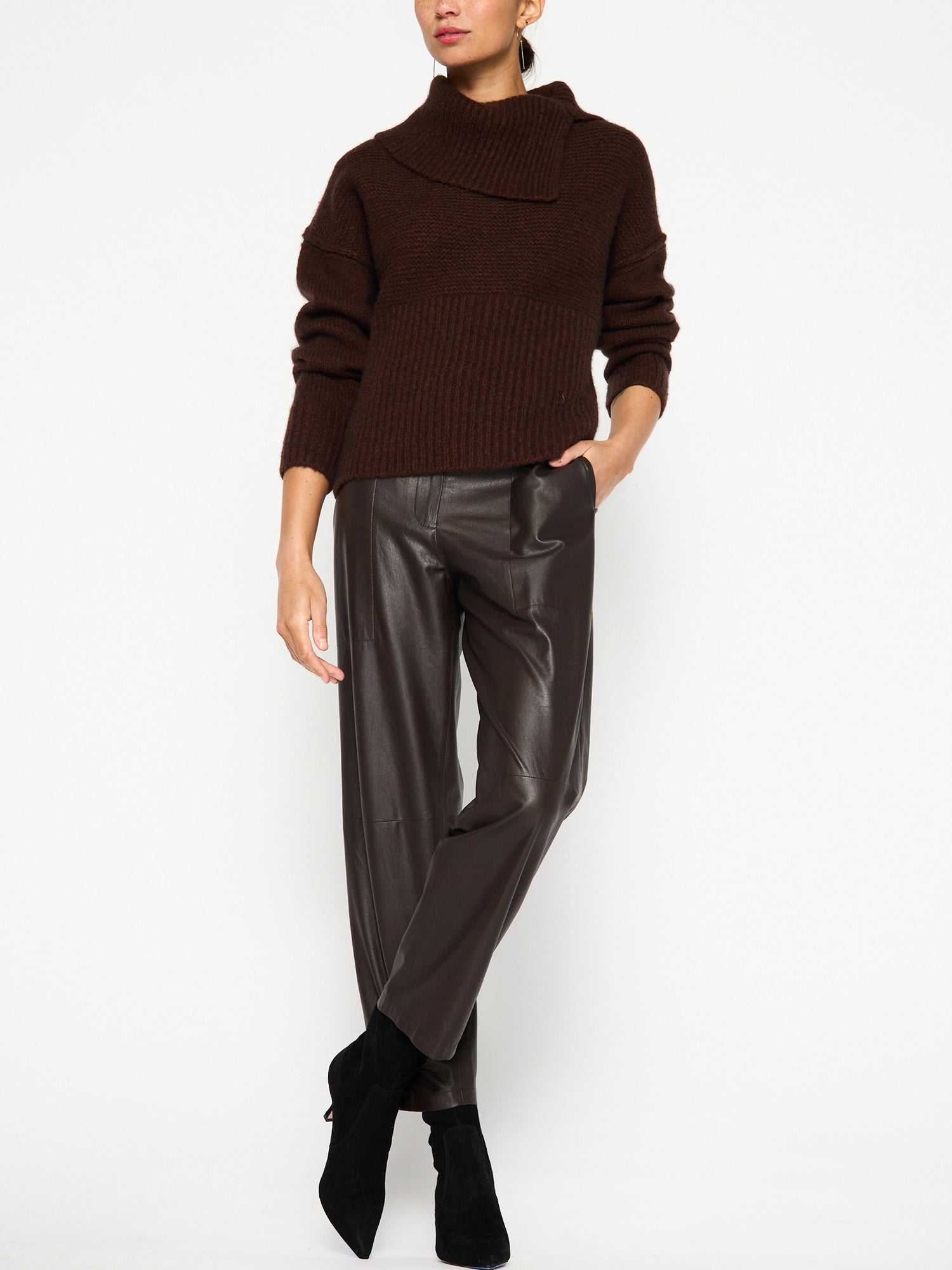 Elian overlap cowlneck wool cashmere brown sweater full view
