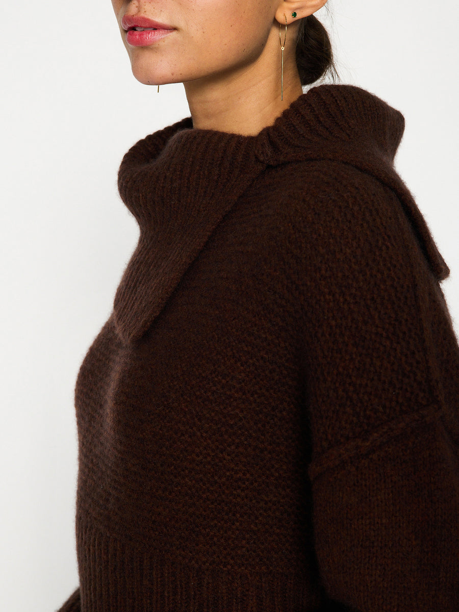 Elian overlap cowlneck wool cashmere brown sweater close up