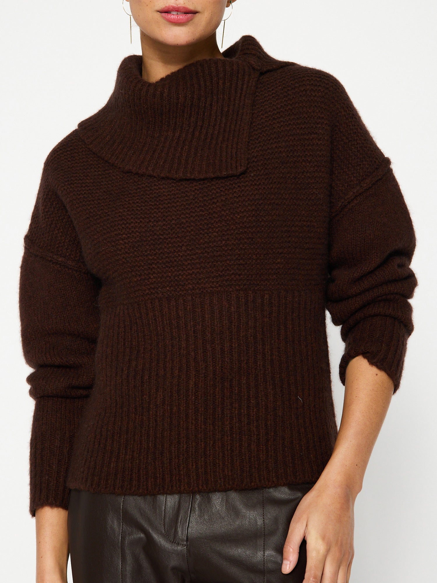 Elian overlap cowlneck wool cashmere brown sweater front view 2