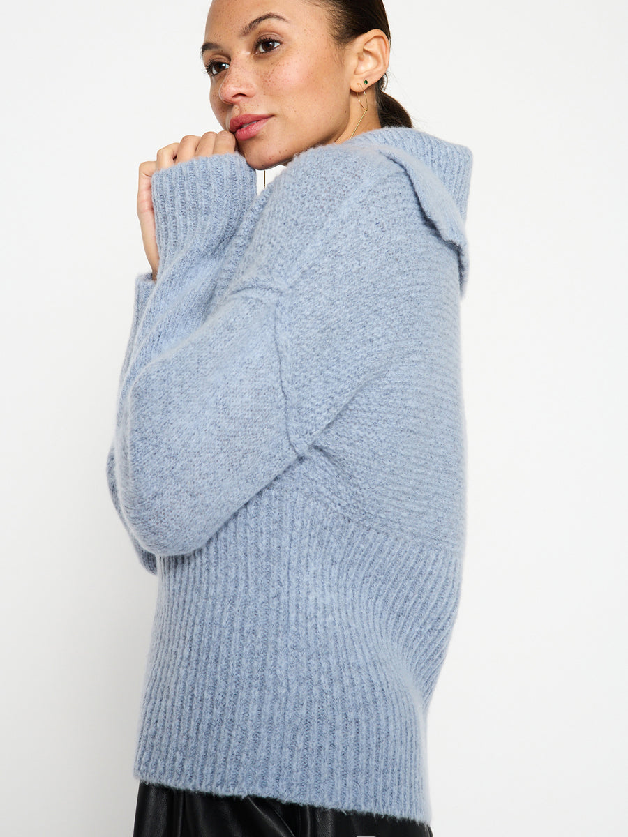 Elian overlap cowlneck wool cashmere blue sweater side view 3
