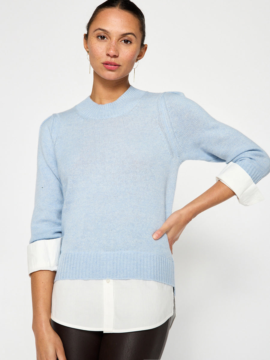 Eton light blue layered crewneck sweater front view 3