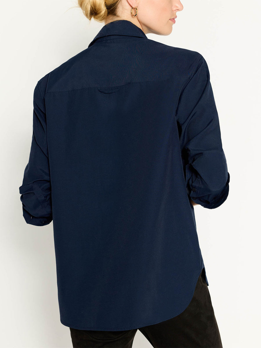 Everyday button up navy shirt back view
