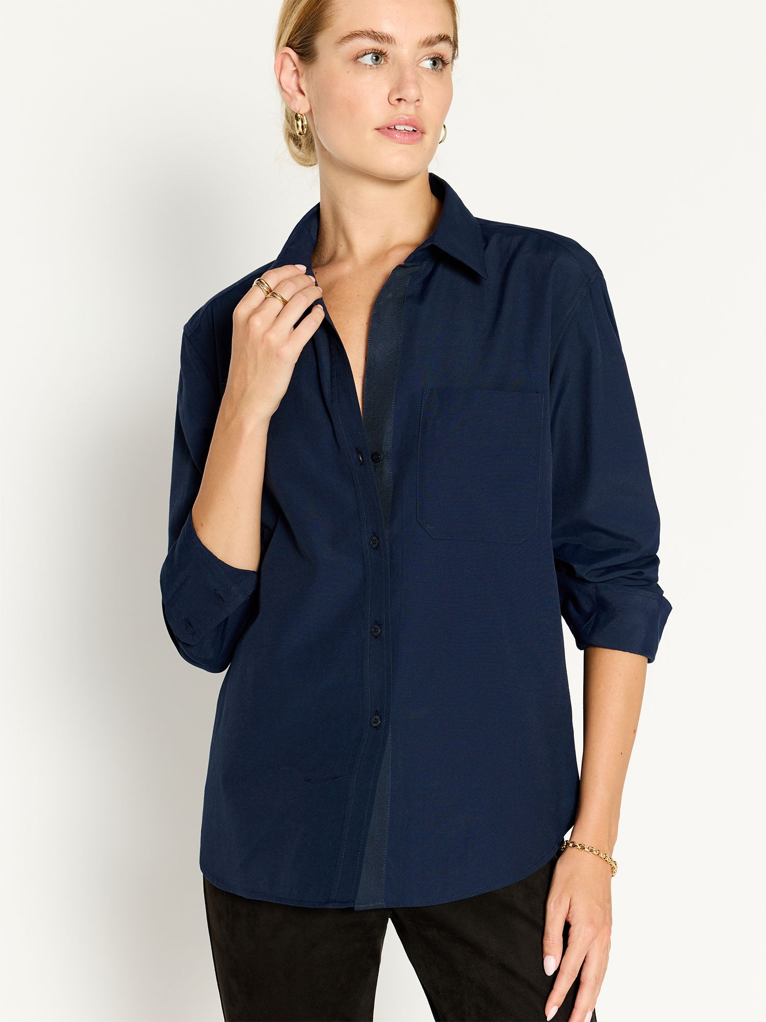 Everyday button up navy shirt front view 2