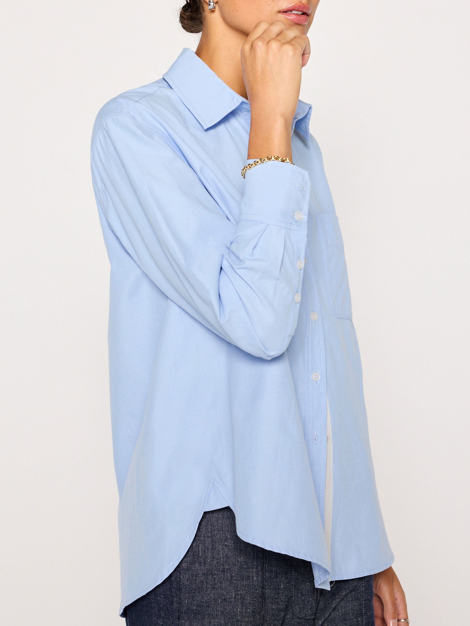 Everyday button up blue shirt side view