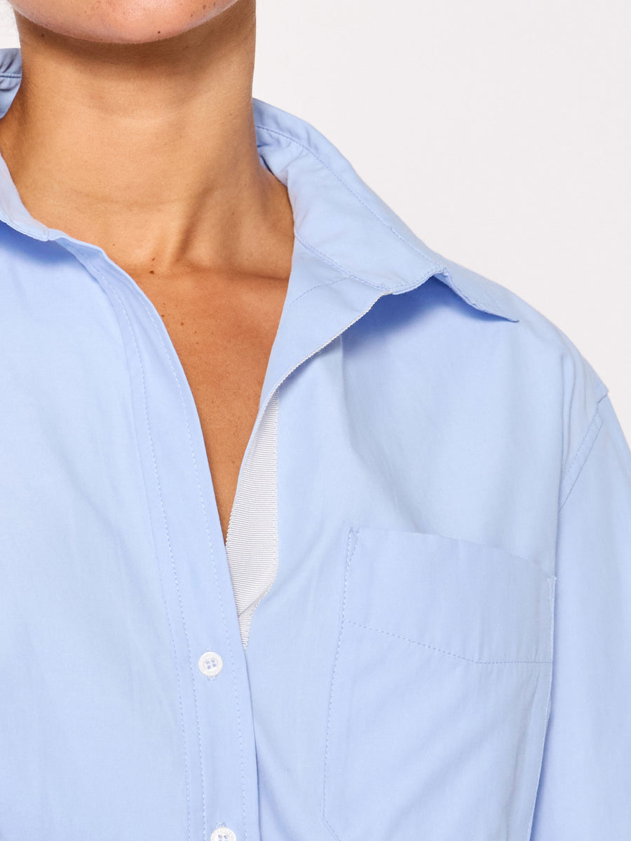 Everyday button up blue shirt close up