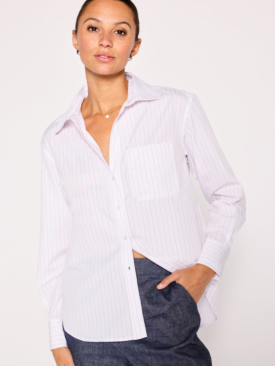 Everyday button up pink stripe shirt front view 3