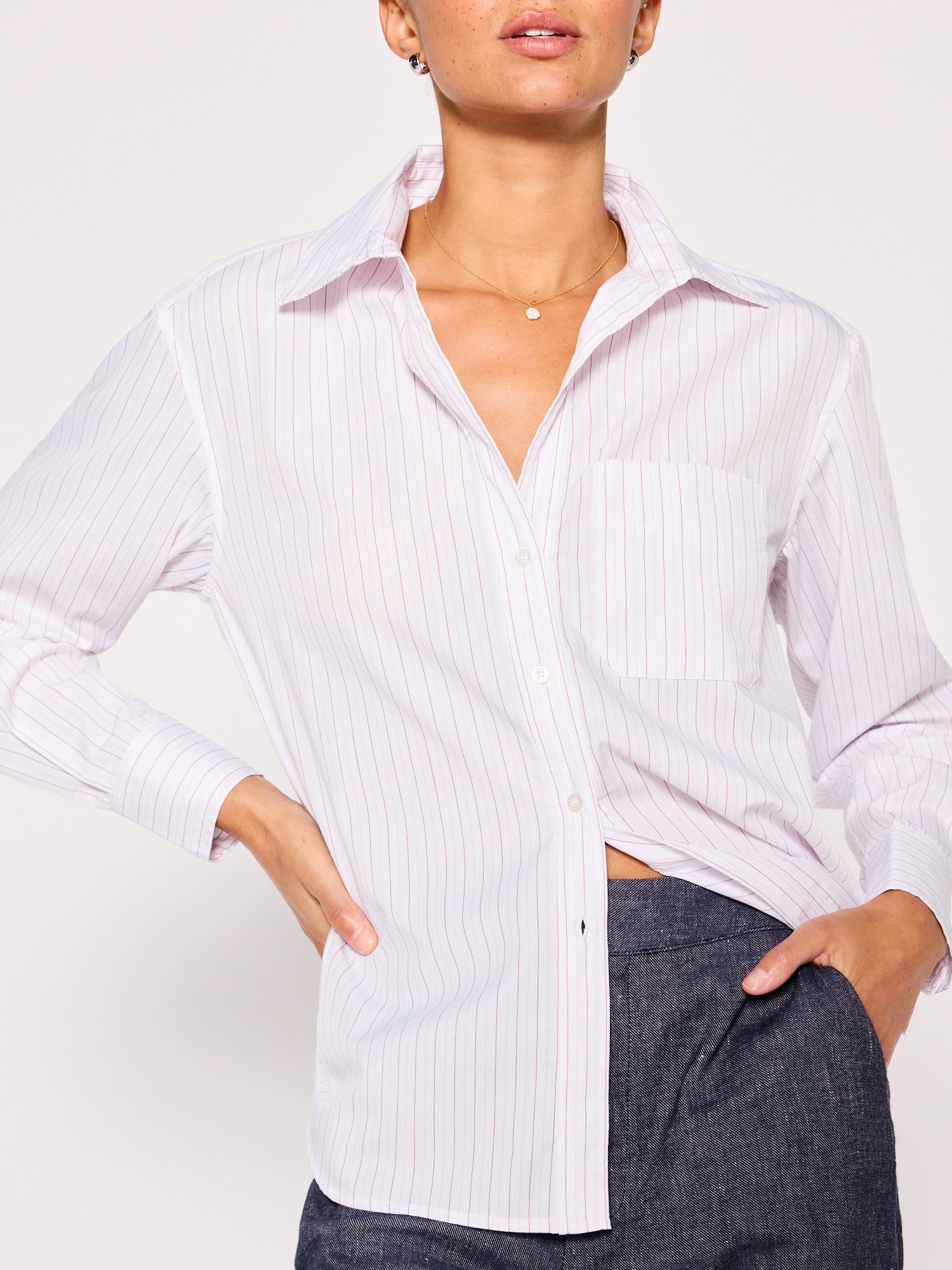 Everyday button up pink stripe shirt front view 2