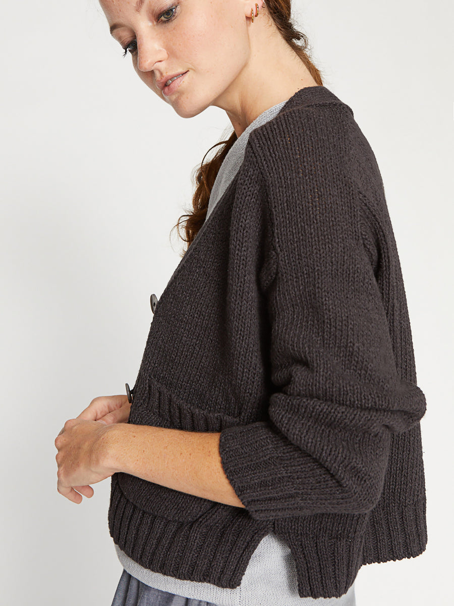 Cropped black linen cotton cardigan sweater side view 2