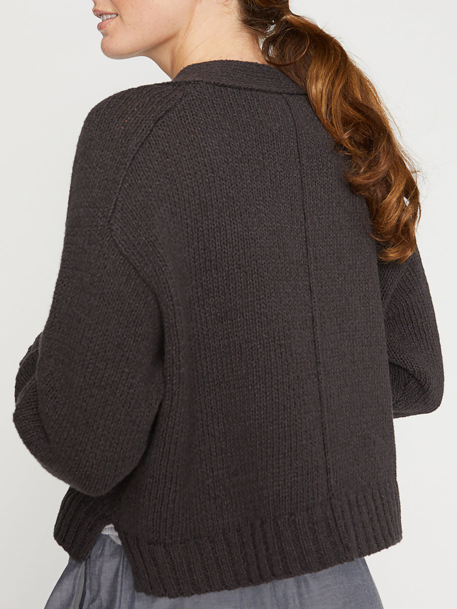 Cropped black linen cotton cardigan sweater back view