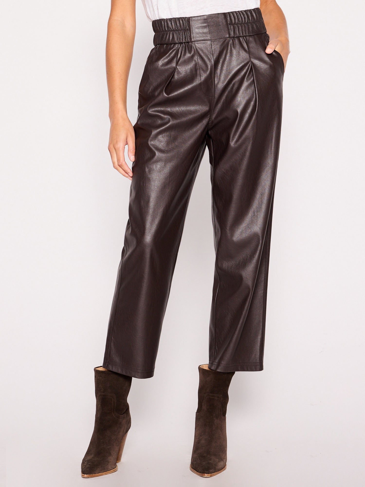 Fiera brown vegan leather cropped pant front view