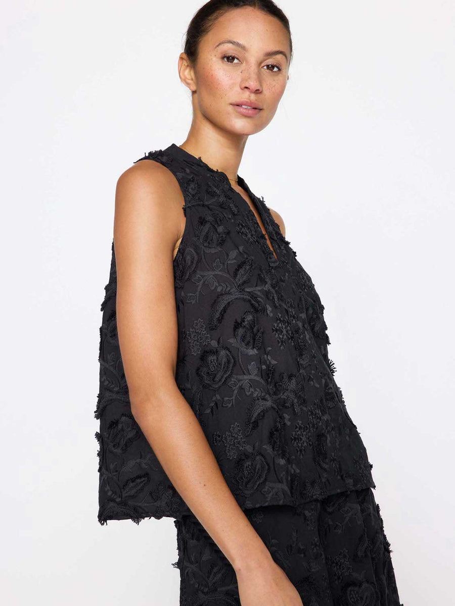 Francine embroidered sleeveless black top side view