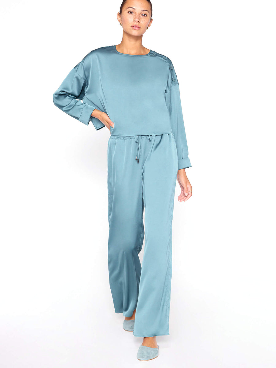 Gorja teal blue wide leg satin pant front view 3