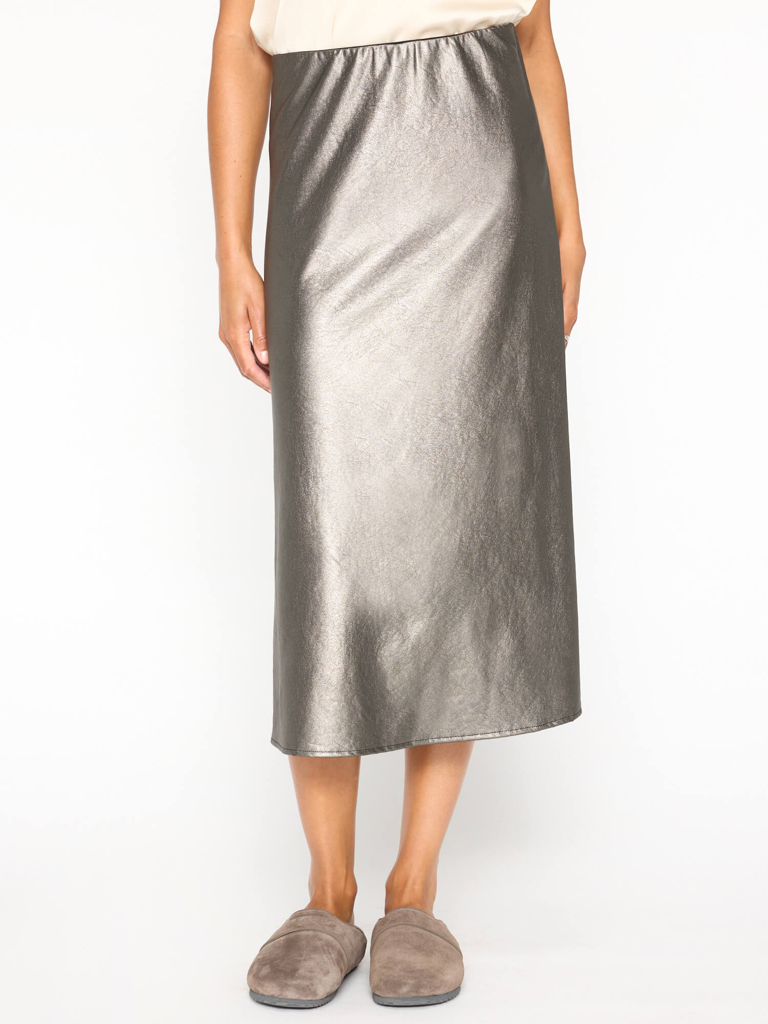 Hallie vegan leather metallic grey midi skirt front view