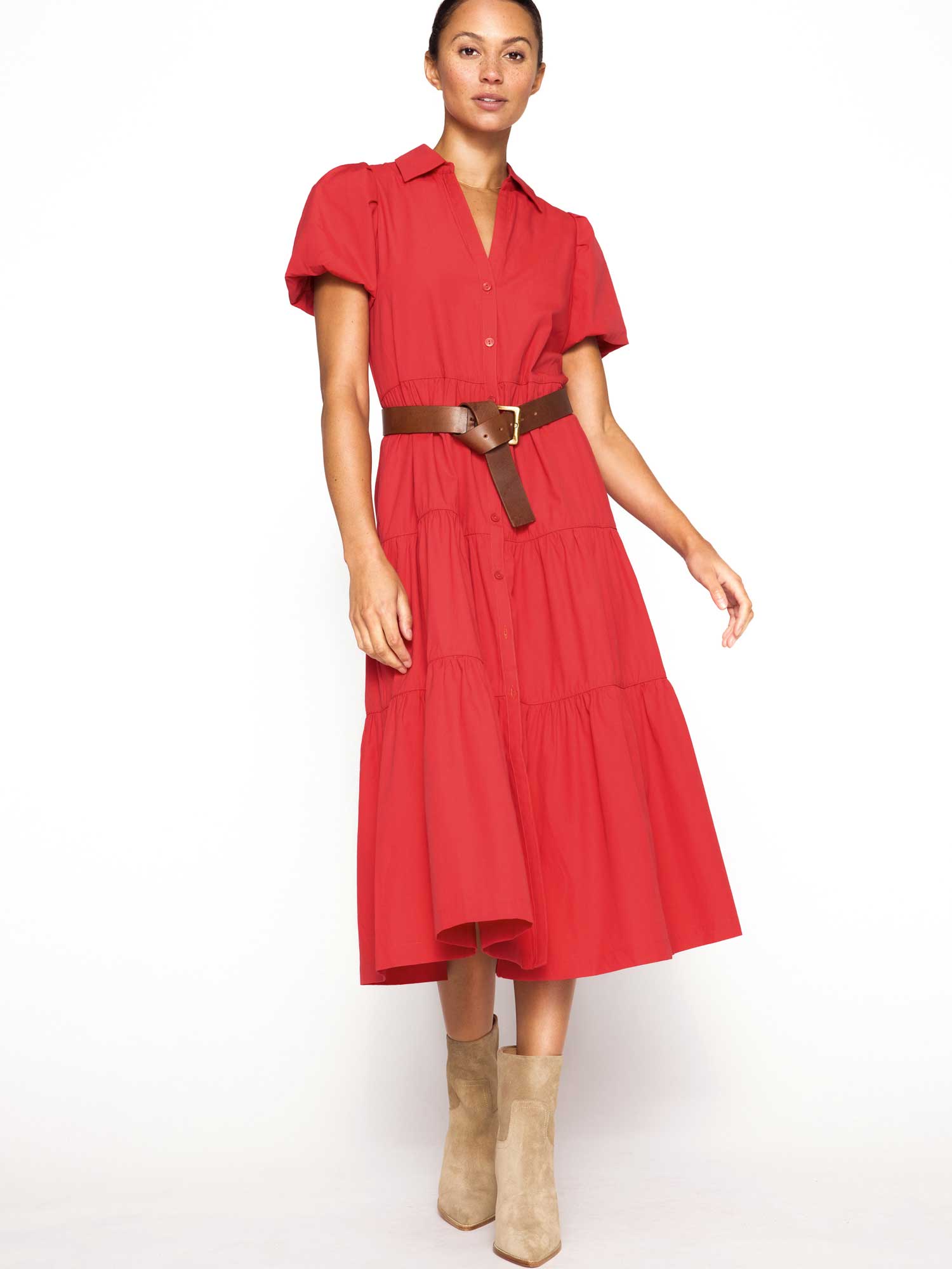 Havana tiered midi dress red front view