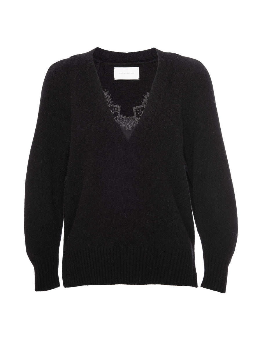 Ida black layered lace v-neck sweater flat view