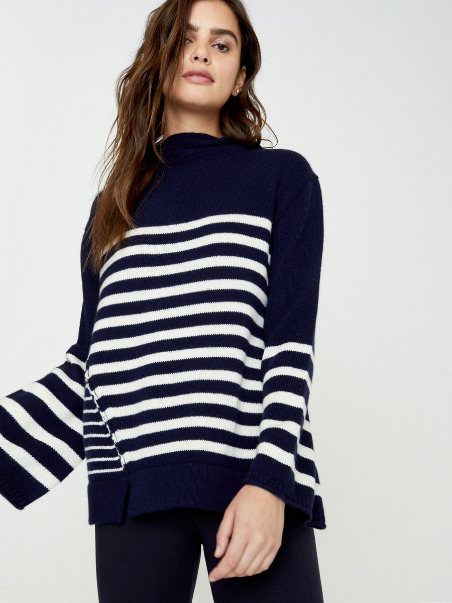 Iona cashmere navy stripe funnelneck sweater front view