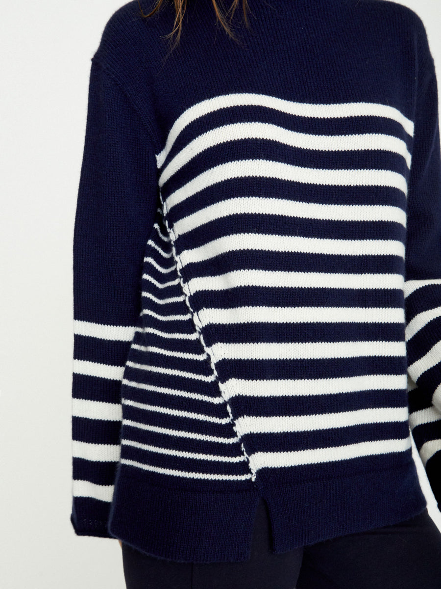 Iona cashmere navy stripe funnelneck sweater front view 2