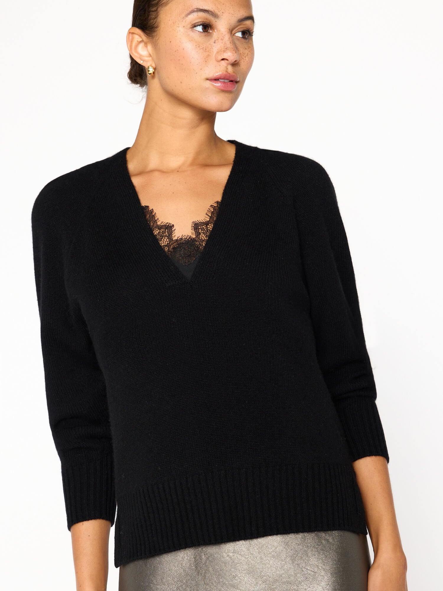 Ida black layered lace v-neck sweater front view 2