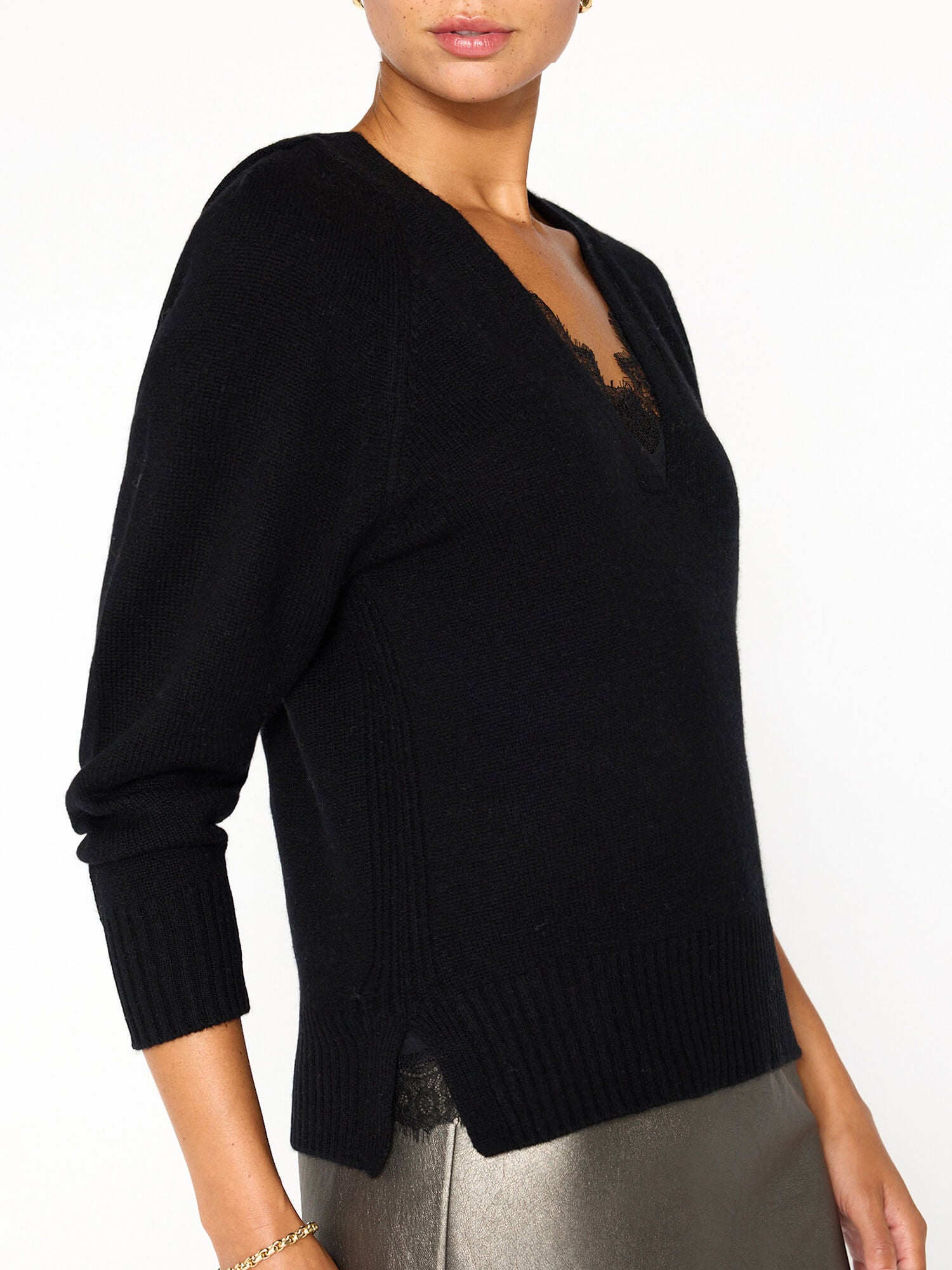 Ida black layered lace v-neck sweater side view