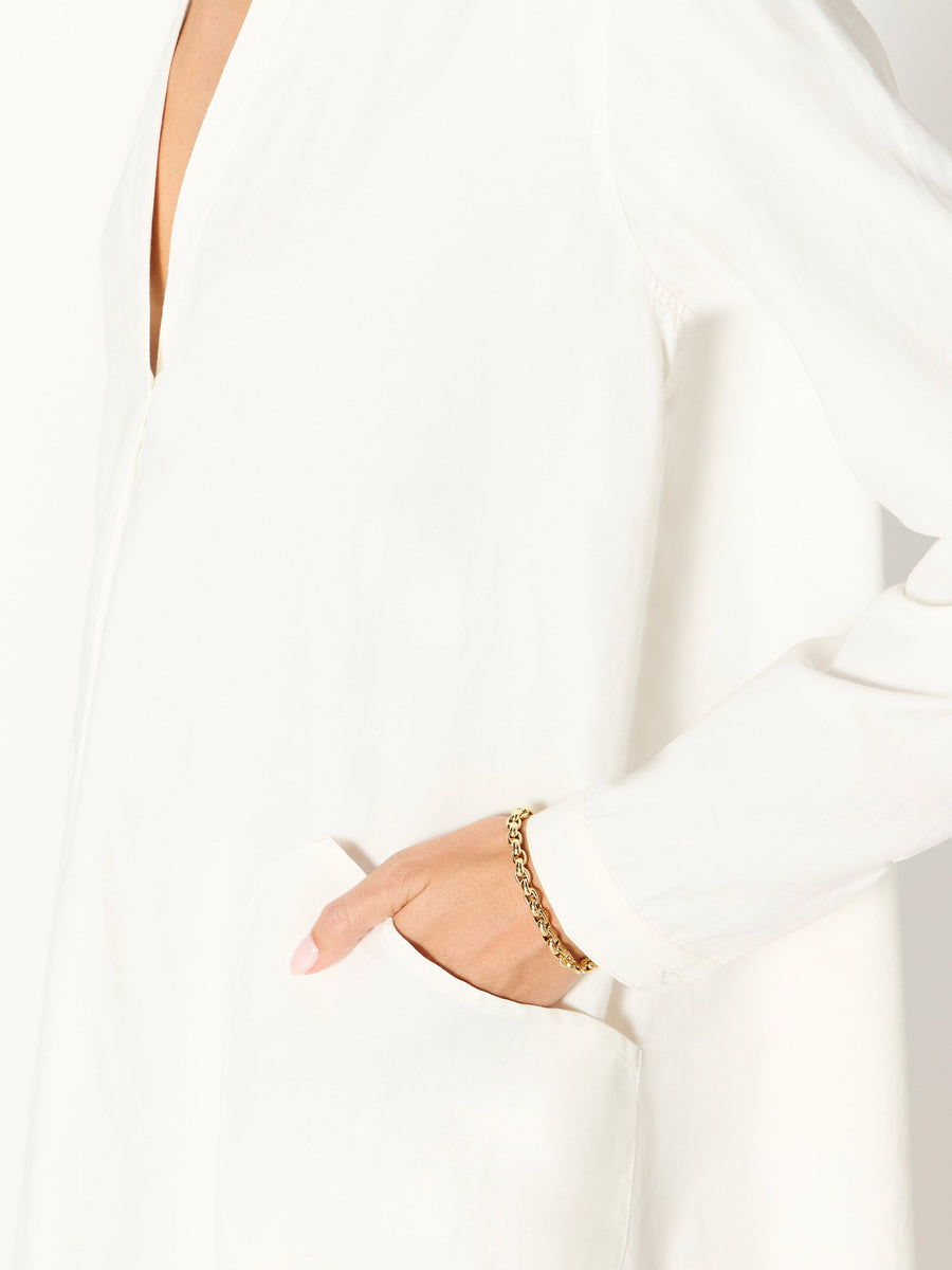 Ives white mini shirtdress close up