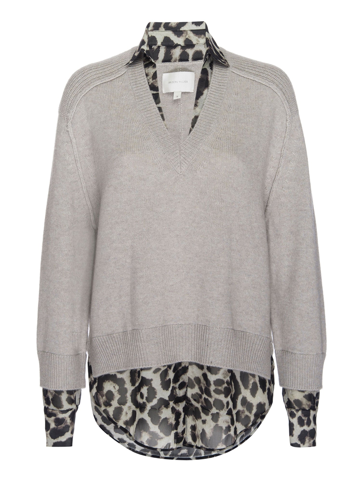 Looker light grey with animal leopard print layered v-neck sweater flat view