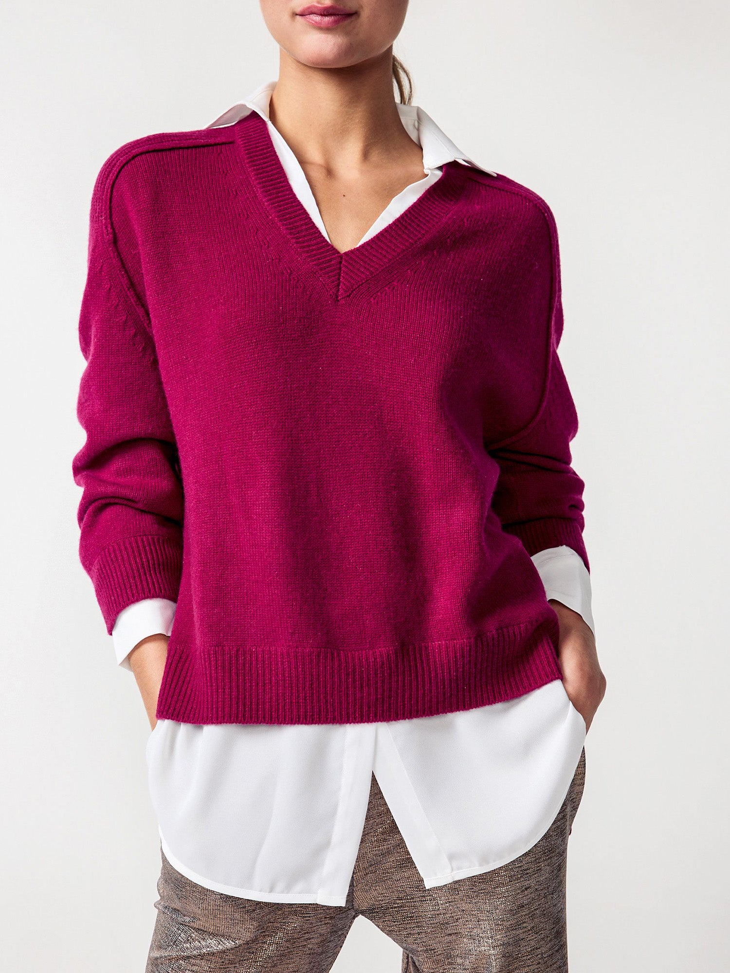 Looker dark red layered v-neck sweater front view