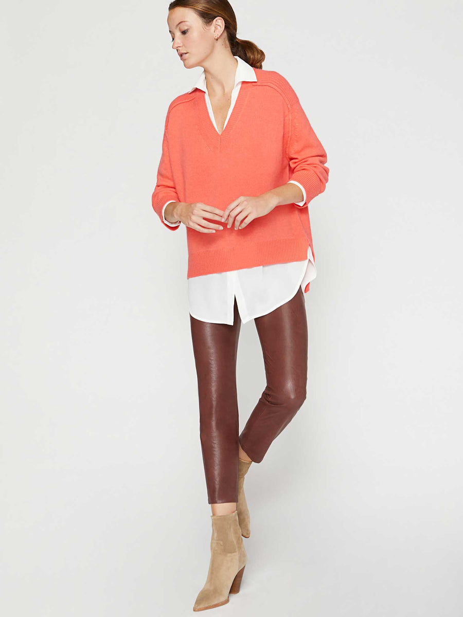 Looker orange pink layered v-neck sweater full view