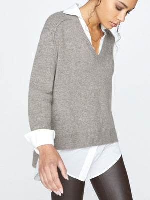 looker heather taupe grey layered v-neck sweater side view