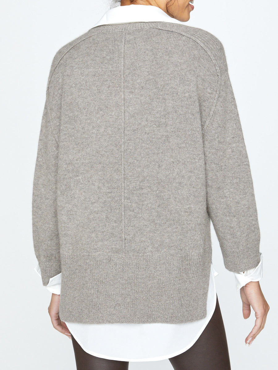 looker heather taupe grey layered v-neck sweater back view